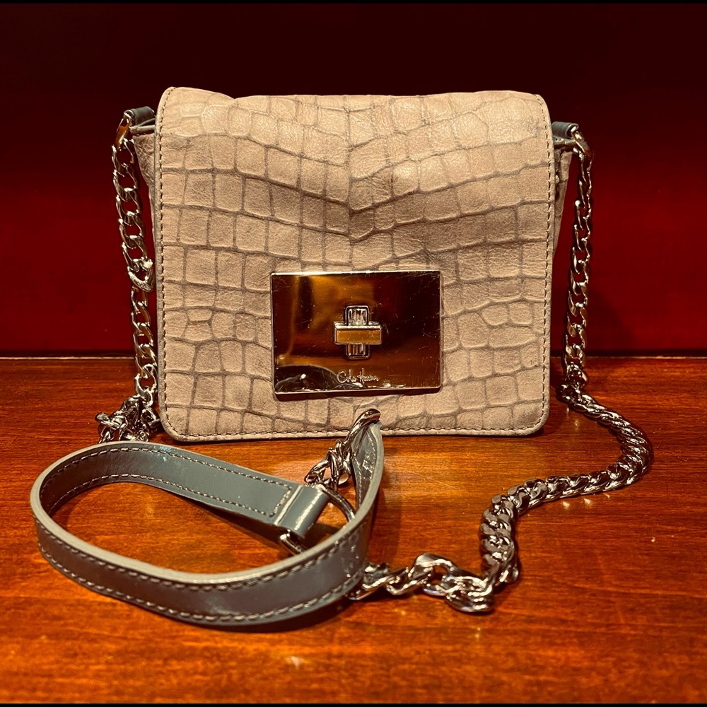 Cole Haan warm grey suede pattern bag with silver chain strap